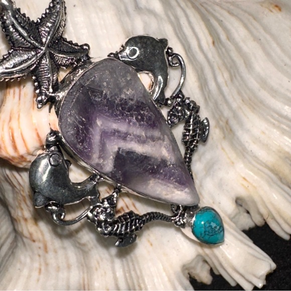 Chevron Amethyst +  Santa Rosa Turquoise + Starfish + Dolphin statement Pendant - Picture 3 of 8